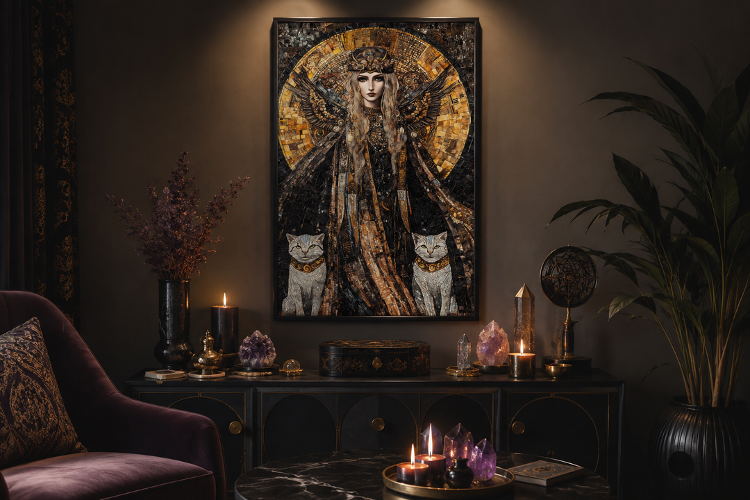 Mosaic-style canvas painting of Norse goddess Freya with her two cats in a dark, mystical room.