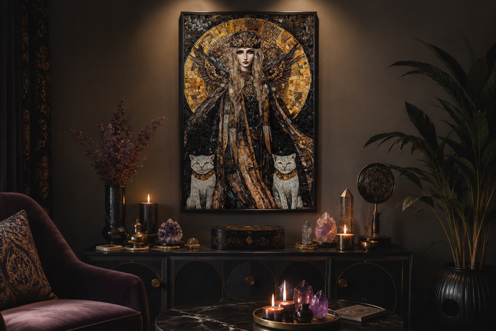 Mosaic-style canvas painting of Norse goddess Freya with her two cats in a dark, mystical room.