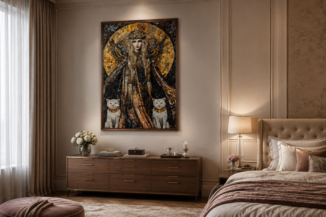 Vertical mosaic canvas art of Norse goddess Freya with two cats above a wooden dresser in a bedroom.
