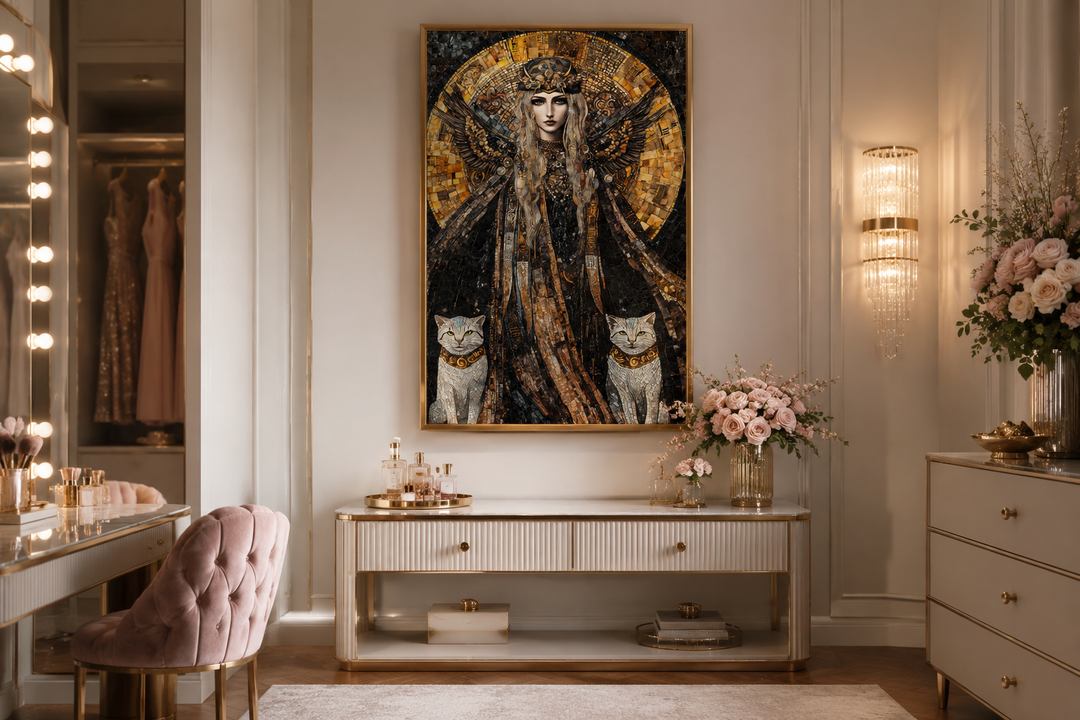 Vertical mosaic-style canvas painting of Norse goddess Freya with two cats in a gold frame.