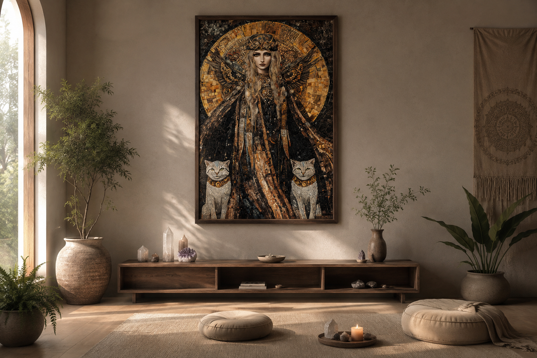 Freya Norse Goddess mosaic painting canvas wall art with two cats in a warm, earthy living room.