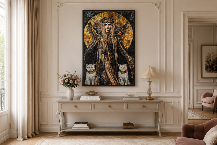 Mosaic-style canvas wall art of Norse goddess Freya standing with her two sacred cats.