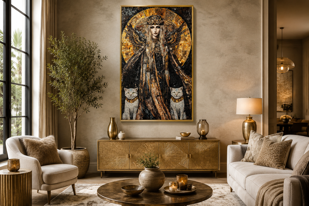 Vertical mosaic canvas painting of Freya Norse Goddess with her two cats in a warm living room.