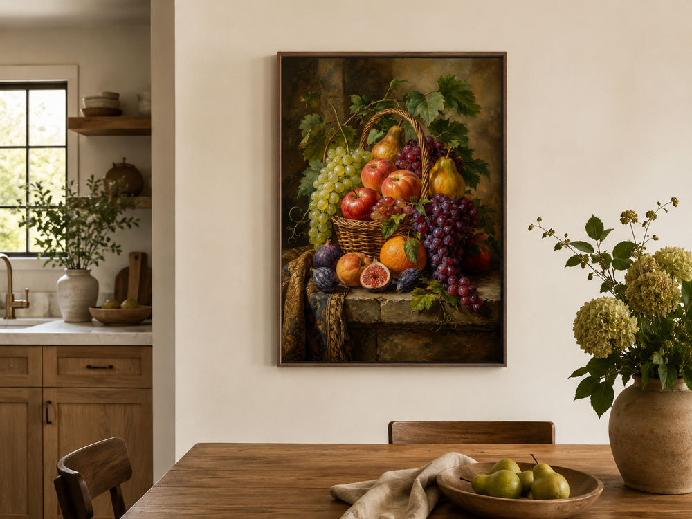 Framed fruit basket painting on a dining room wall above a wooden table with a bowl of pears.