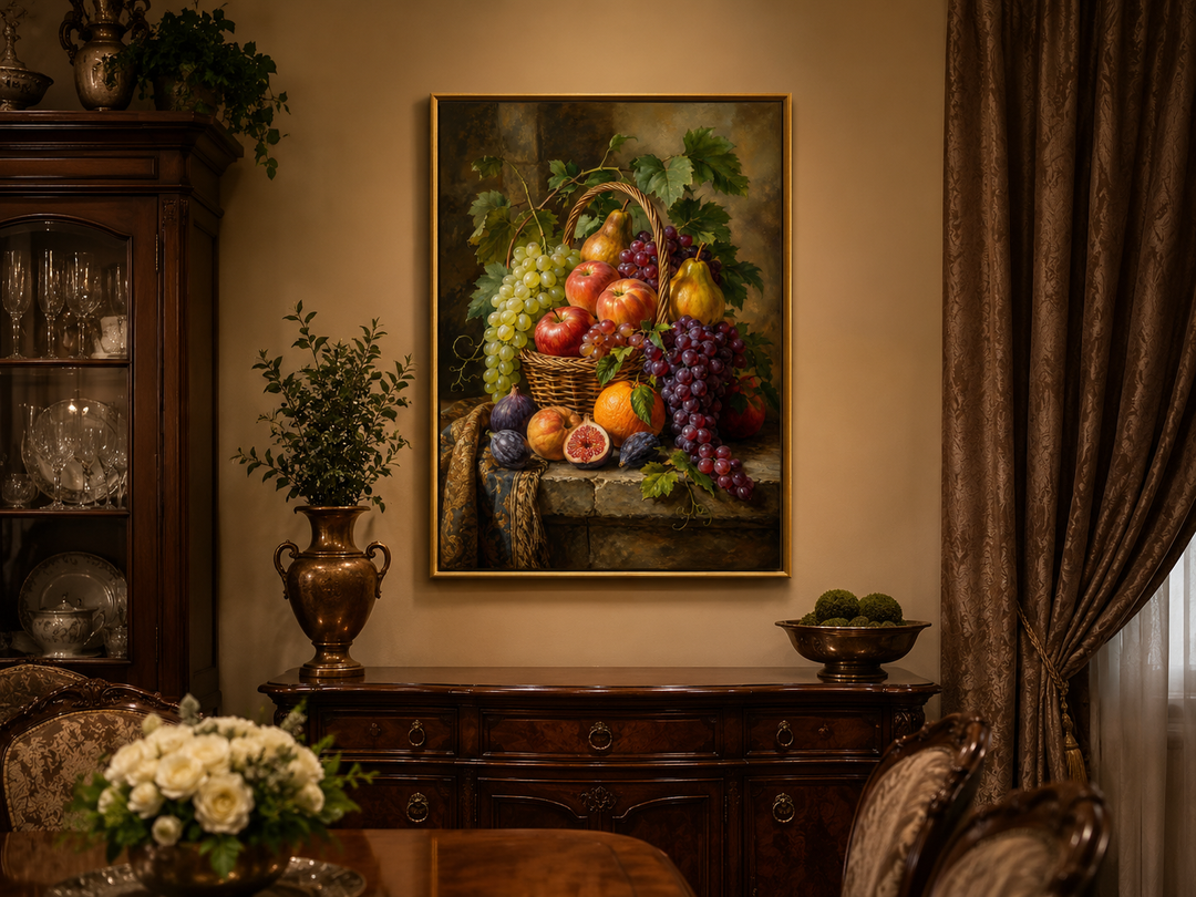 Framed still life painting of a fruit basket on a wall above a wooden sideboard in a dining room.