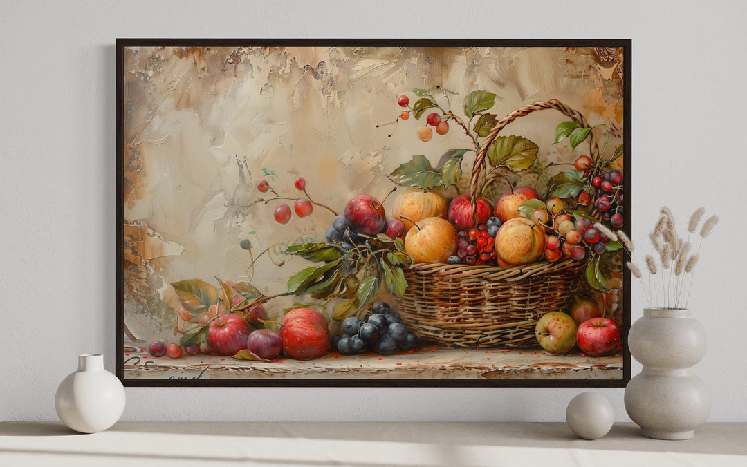 Framed rustic farmhouse wall art of a fruit basket with apples and grapes on a textured background.
