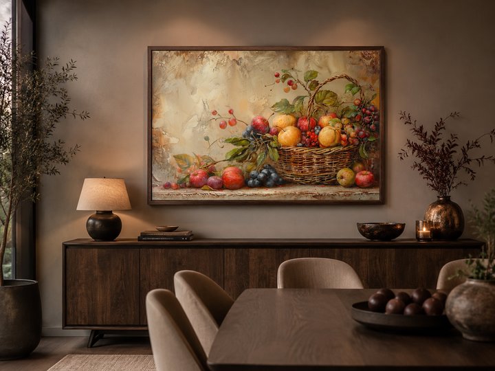 Framed rustic farmhouse wall art of a fruit basket above a sideboard in a dining room.