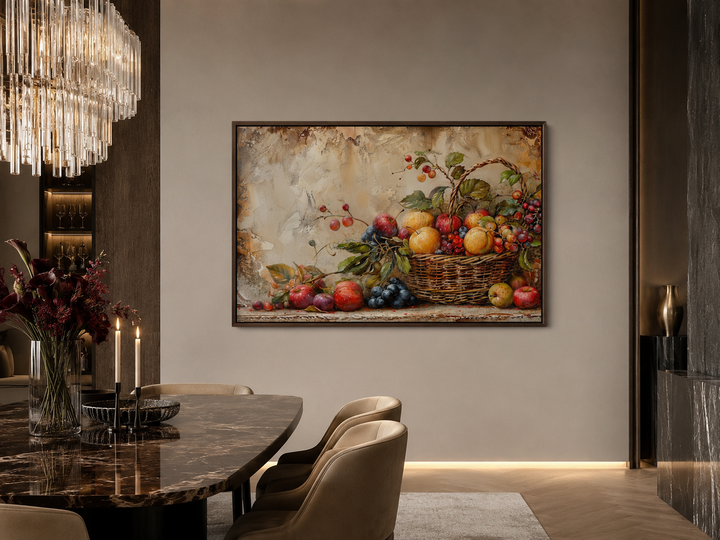 Framed rustic fruit basket canvas wall art hanging in a modern dining room above a marble table.