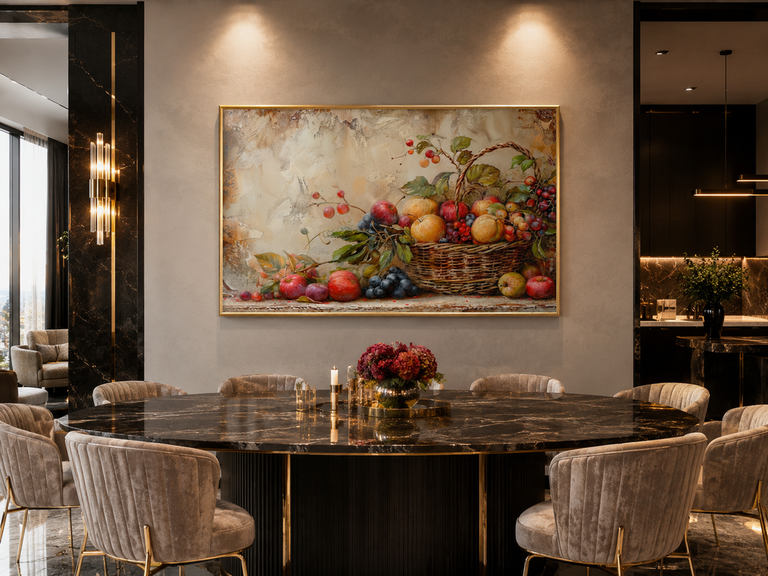 Framed canvas wall art of a rustic fruit basket above a black marble dining table with chairs.