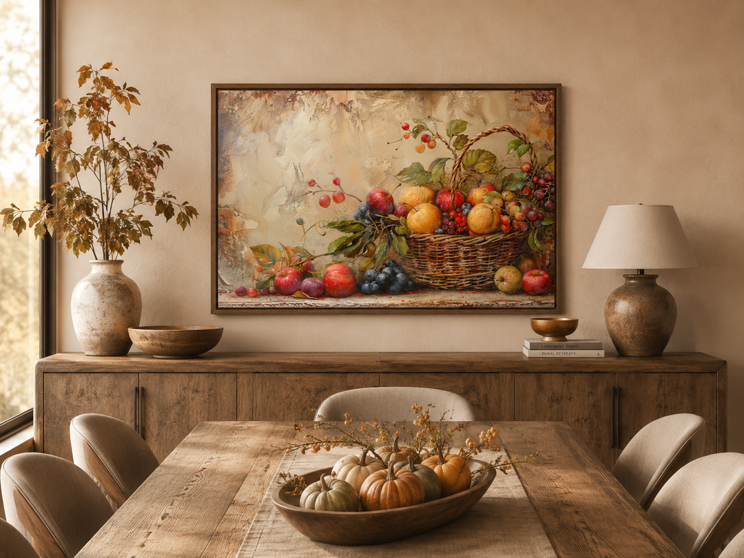 Framed rustic fruit basket painting hanging above a wooden sideboard in a farmhouse dining room.