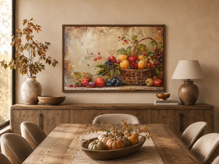 Framed rustic fruit basket painting hanging above a wooden sideboard in a farmhouse dining room.