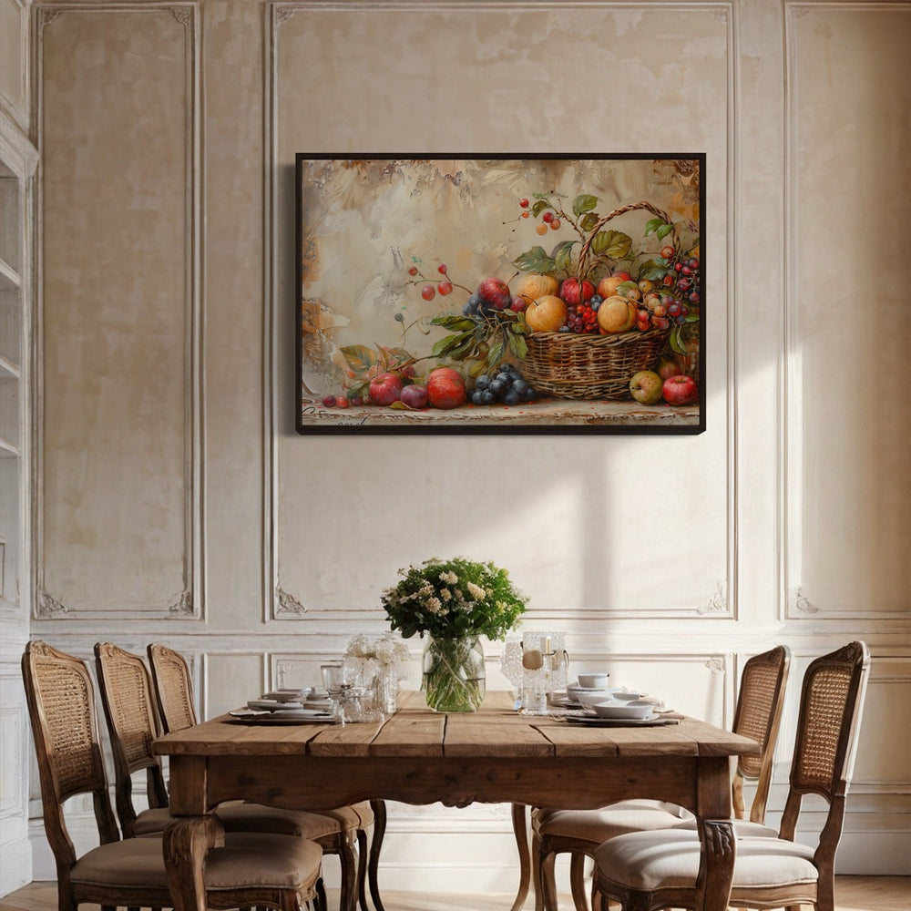 Framed fruit basket canvas wall art hanging above a rustic wooden dining table in a classic room.