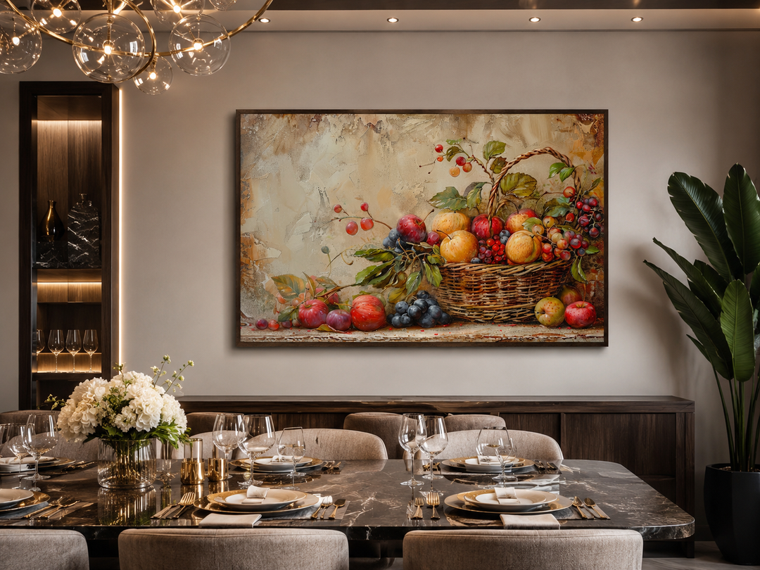 Framed canvas wall art of a rustic fruit basket hanging in a modern dining room.