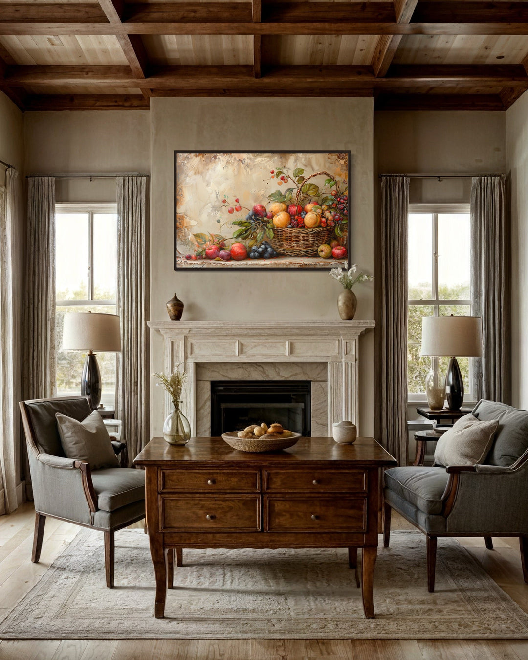 Framed canvas wall art of a rustic fruit basket hanging above a fireplace in a farmhouse living room.