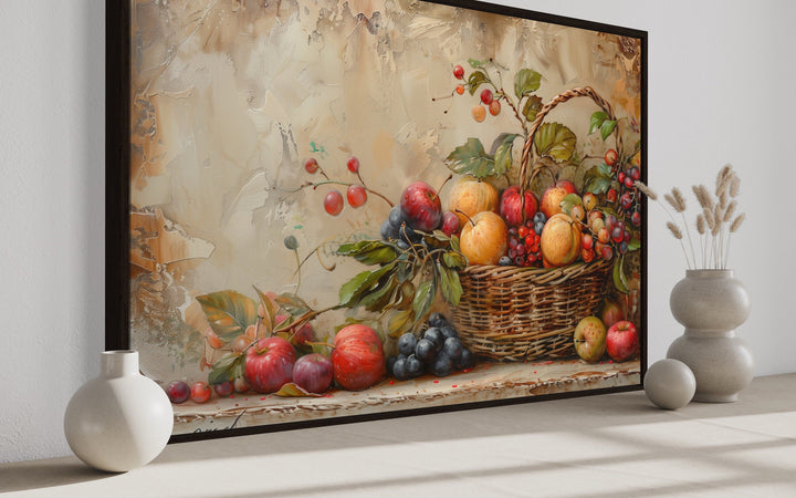 Framed rustic farmhouse wall art featuring a detailed oil painting of a bountiful fruit basket.