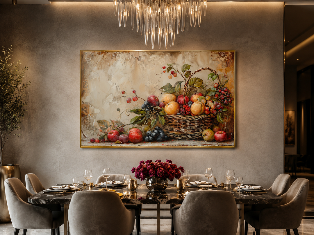 Framed rustic fruit basket canvas wall art hanging above a dining table in a modern room.