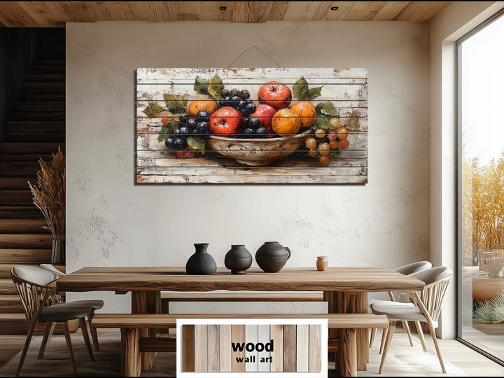 Fruit Bowl Distressed Wood Wall Art Rustic Kitchen Dining Room Decor