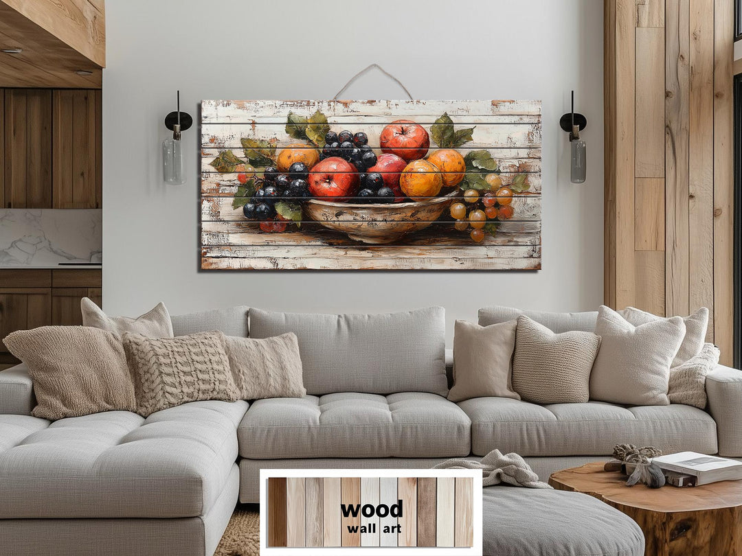 Fruit Bowl Distressed Wood Wall Art Rustic Kitchen Dining Room Decor
