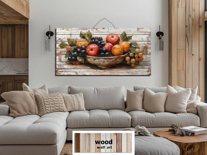 Fruit Bowl Distressed Wood Wall Art Rustic Kitchen Dining Room Decor