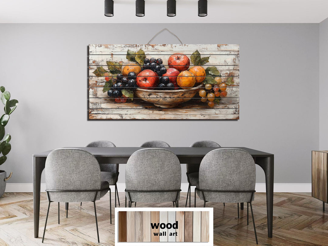Fruit Bowl Distressed Wood Wall Art Rustic Kitchen Dining Room Decor