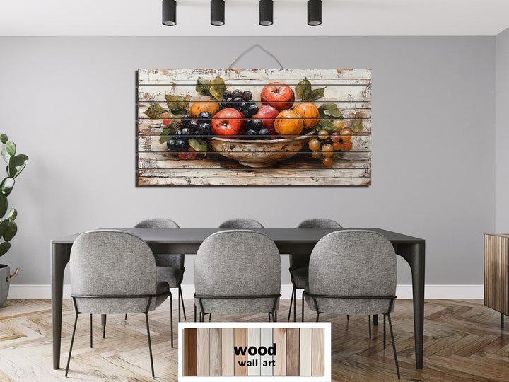 Fruit Bowl Distressed Wood Wall Art Rustic Kitchen Dining Room Decor