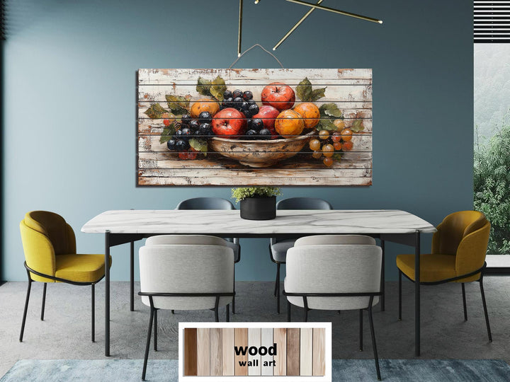 Fruit Bowl Distressed Wood Wall Art Rustic Kitchen Dining Room Decor