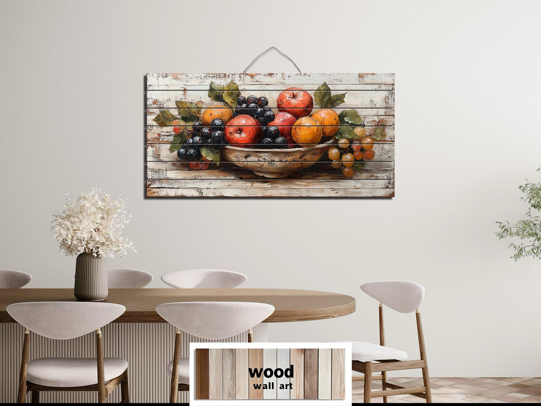 Fruit Bowl Distressed Wood Wall Art Rustic Kitchen Dining Room Decor