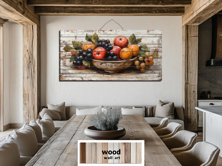 Fruit Bowl Distressed Wood Wall Art Rustic Kitchen Dining Room Decor