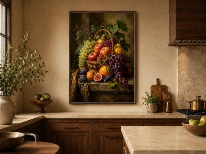 Framed still life painting of a fruit basket on a kitchen wall above a beige countertop.