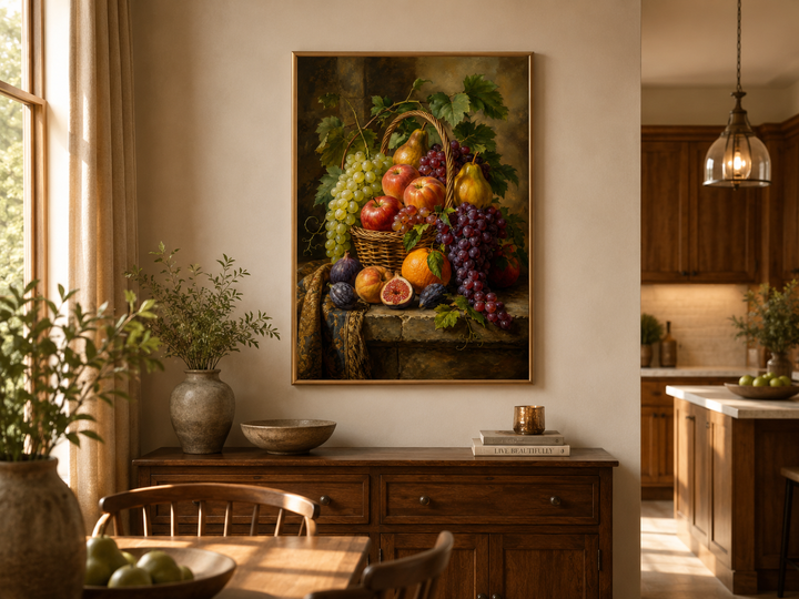 Framed still life painting of a fruit basket on a wall above a wooden sideboard in a dining room.