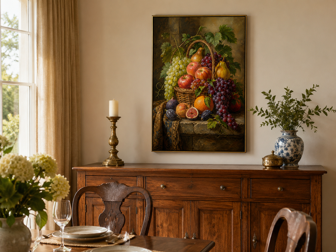 Framed still life painting of a fruit basket hanging above a wooden sideboard in a dining room.