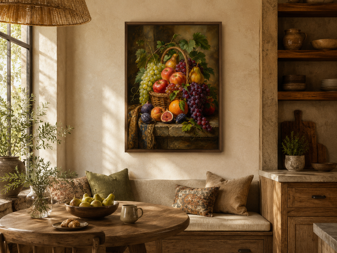 Framed still life painting of a fruit basket in a rustic kitchen with a wooden table and bench.