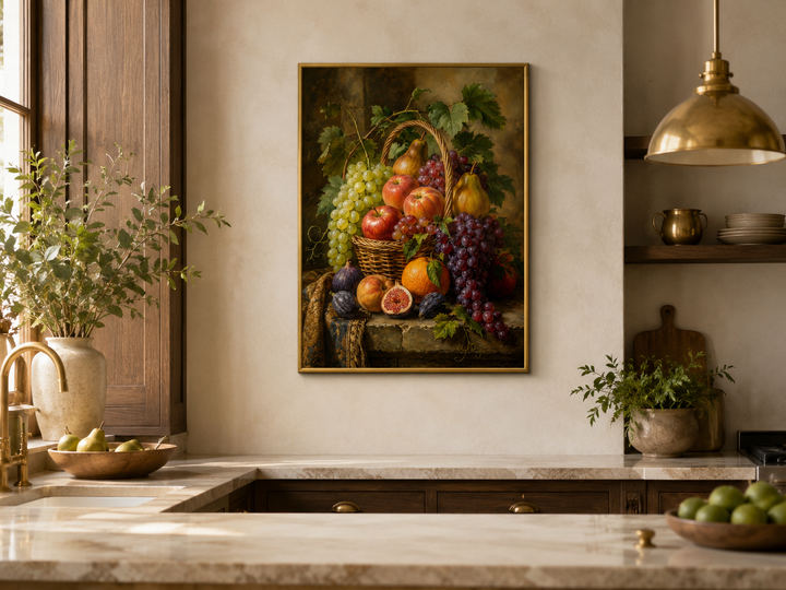 Framed still life painting of a fruit basket on a kitchen wall above a marble countertop.