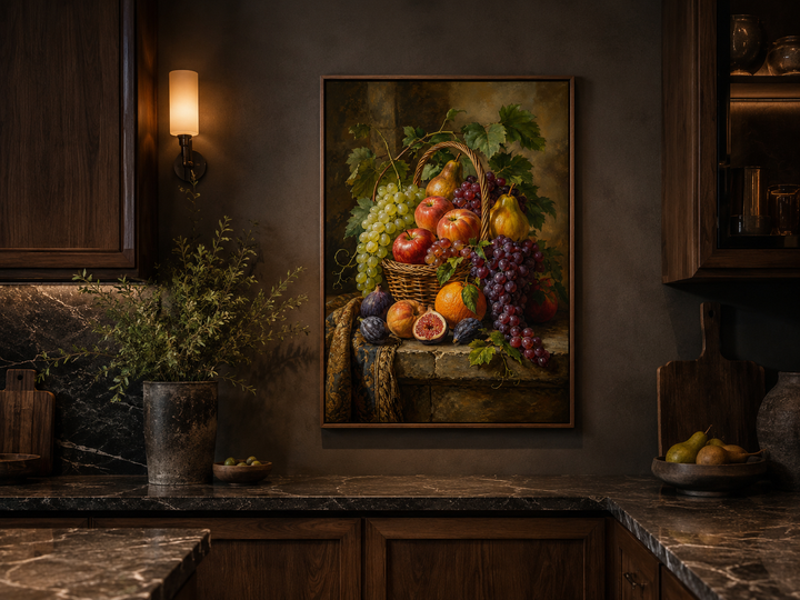 Framed fruit basket still life painting on a dark kitchen wall above a marble countertop.