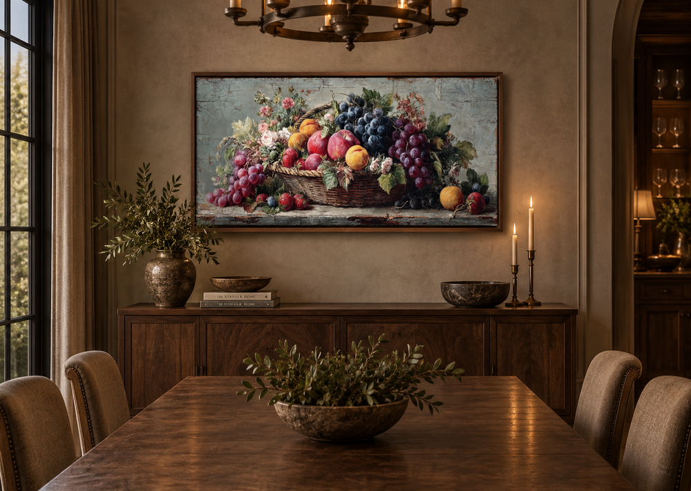 Rustic fruit still life canvas print with grapes, peaches, and apples in a farmhouse dining room.