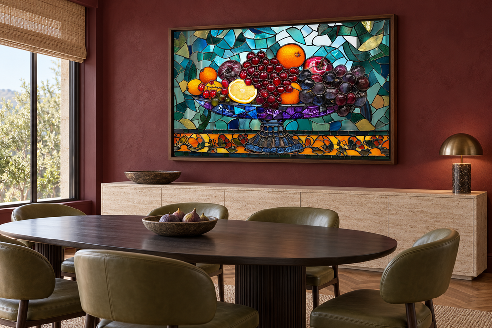 Fruit vase stained glass style wall art in a walnut frame above a modern dining room sideboard.
