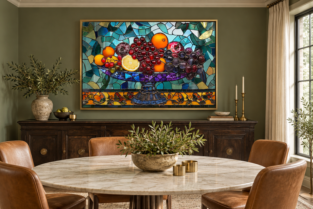 Fruit vase stained glass style wall art in a gold frame above a sideboard in a dining room.