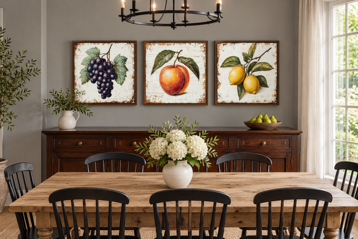Vintage fruit canvas triptych featuring grapes, a peach, and lemons in a farmhouse dining room.