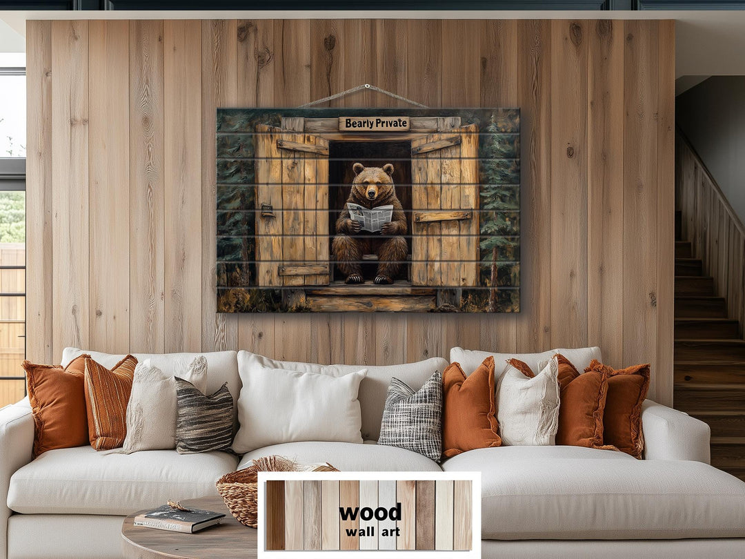 Funny Bear In Outhouse Distressed Wood Wall Art