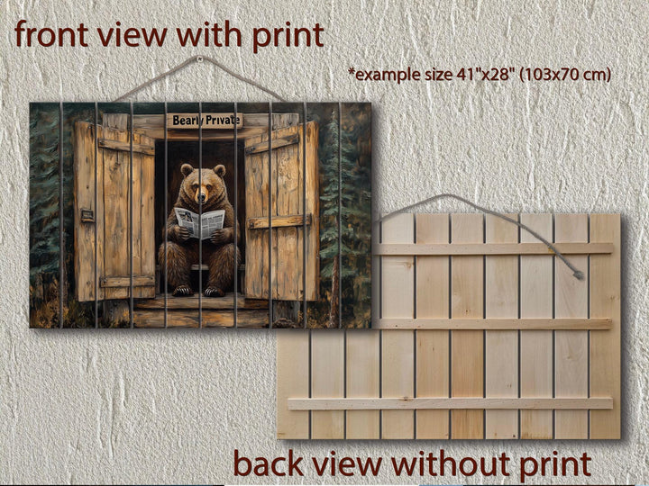 Funny Bear In Outhouse Distressed Wood Wall Art