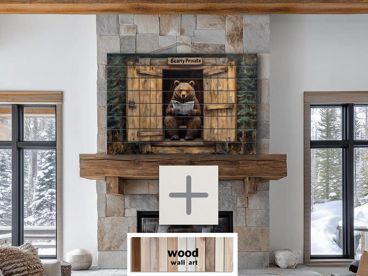 Funny Bear In Outhouse Distressed Wood Wall Art
