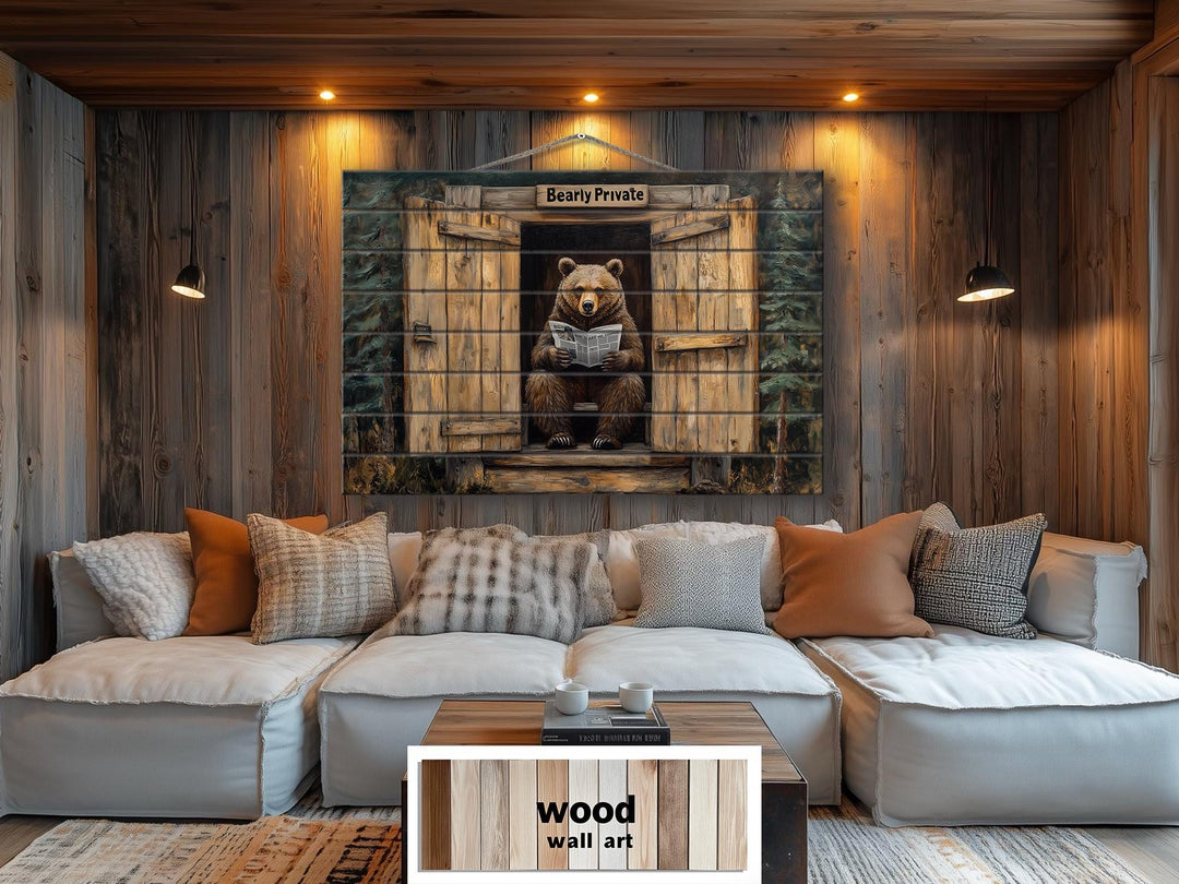 Funny Bear In Outhouse Distressed Wood Wall Art
