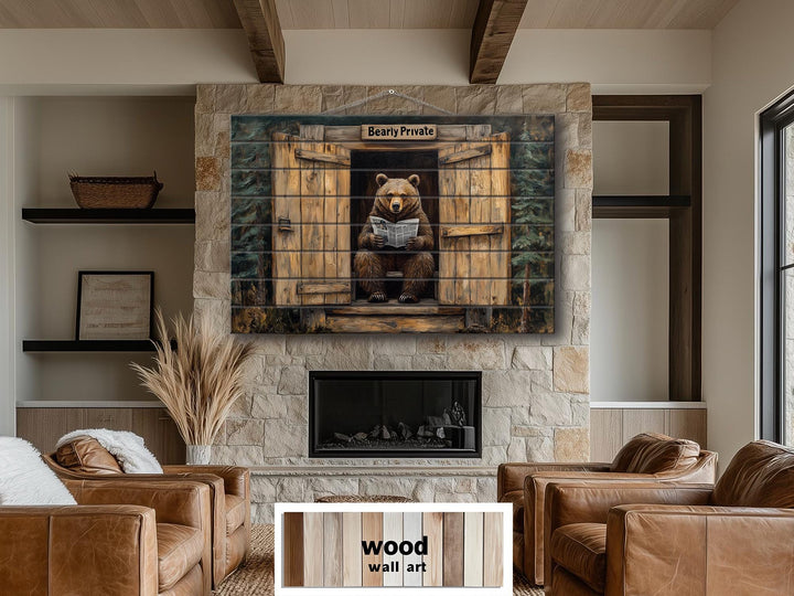 Funny Bear In Outhouse Distressed Wood Wall Art