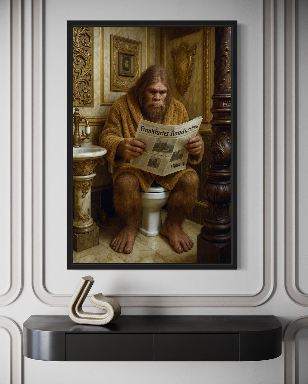 Funny Bigfoot On Toilet Reading Newspaper Bathroom Wall Art