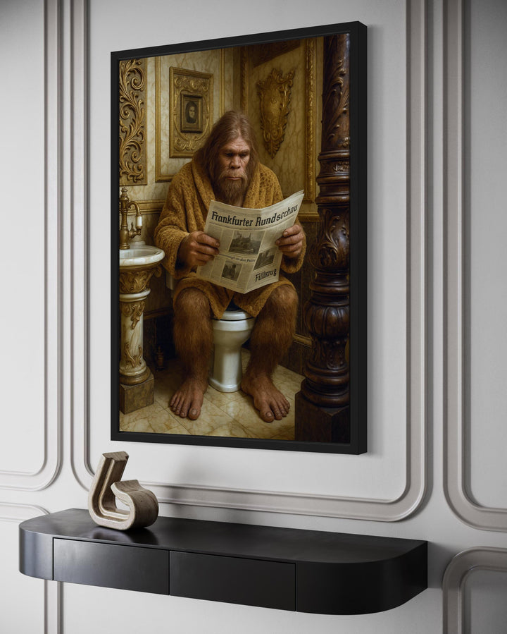 Funny Bigfoot On Toilet Reading Newspaper Bathroom Wall Art
