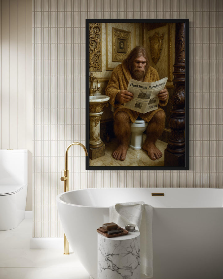 Funny Bigfoot On Toilet Reading Newspaper Bathroom Wall Art