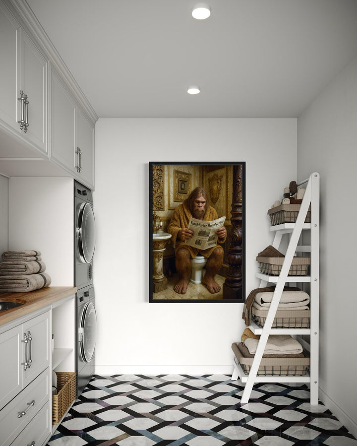 Funny Bigfoot On Toilet Reading Newspaper Bathroom Wall Art