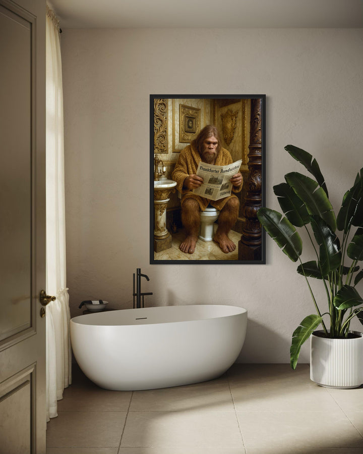 Funny Bigfoot On Toilet Reading Newspaper Bathroom Wall Art