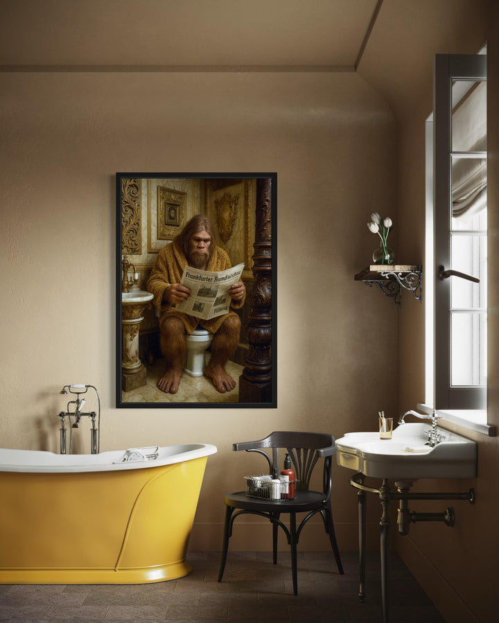 Funny Bigfoot On Toilet Reading Newspaper Bathroom Wall Art