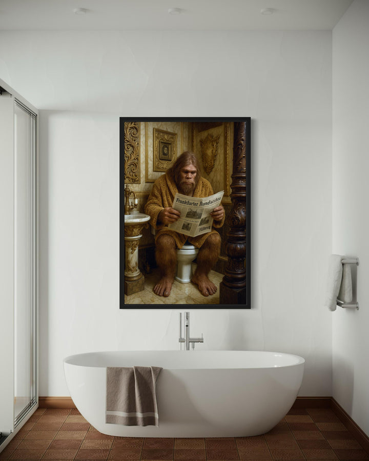 Funny Bigfoot On Toilet Reading Newspaper Bathroom Wall Art